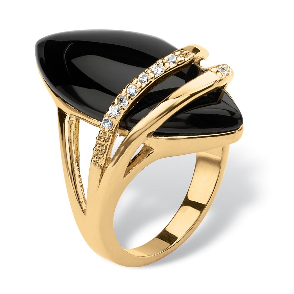 PalmBeach Jewelry Marquise-Shaped Genuine Onyx with Cubic Zirconia Accents 18k Gold-Plated Ring