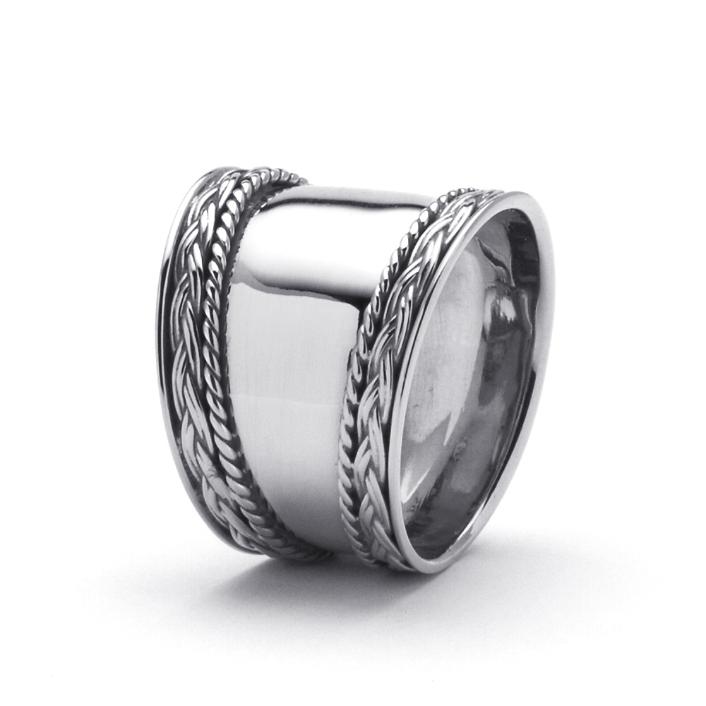 PalmBeach Jewelry Cigar Band Style Ring with Braided Accent in Sterling Silver