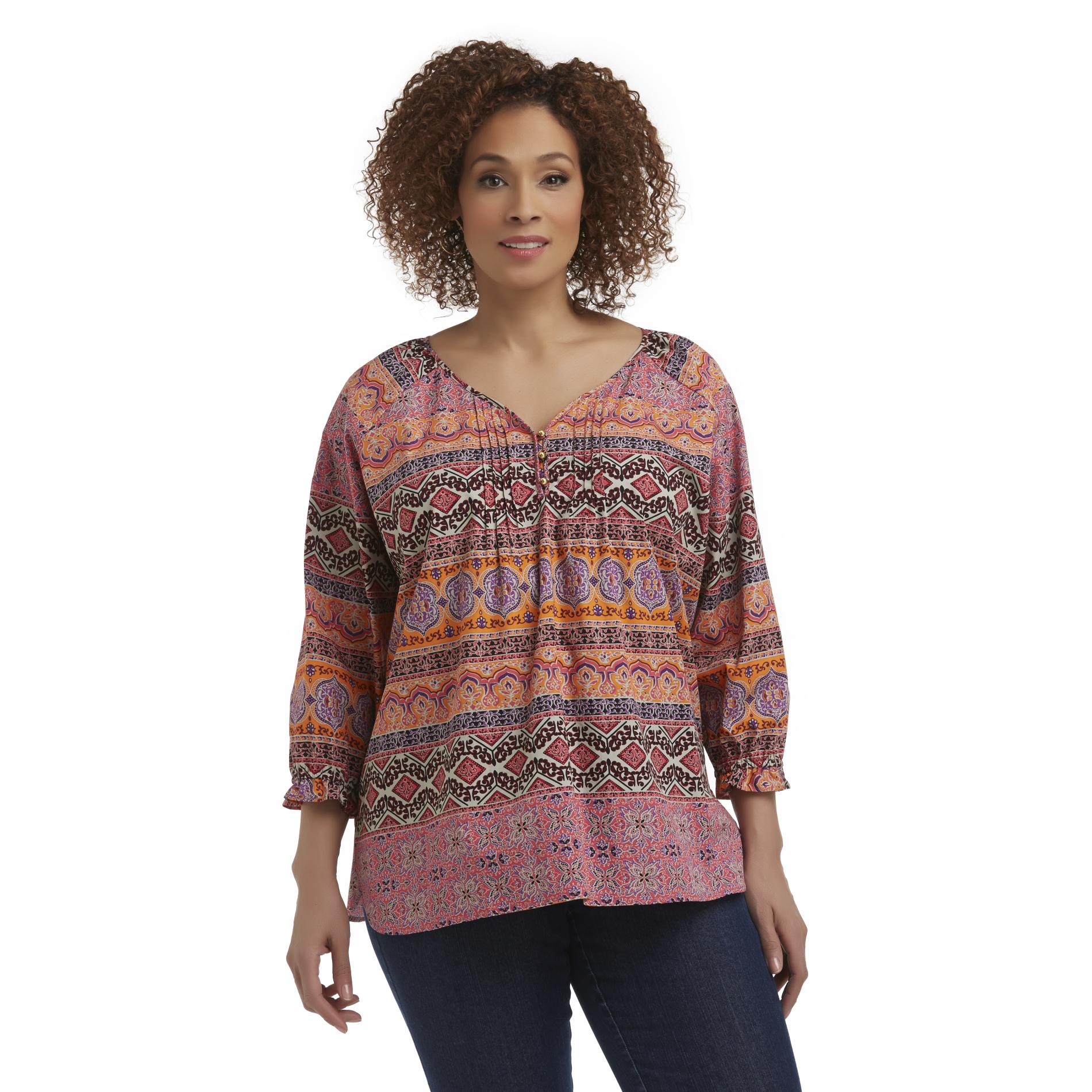 Basic Editions Women's Plus Pintucked Blouse - Eastern Inspired