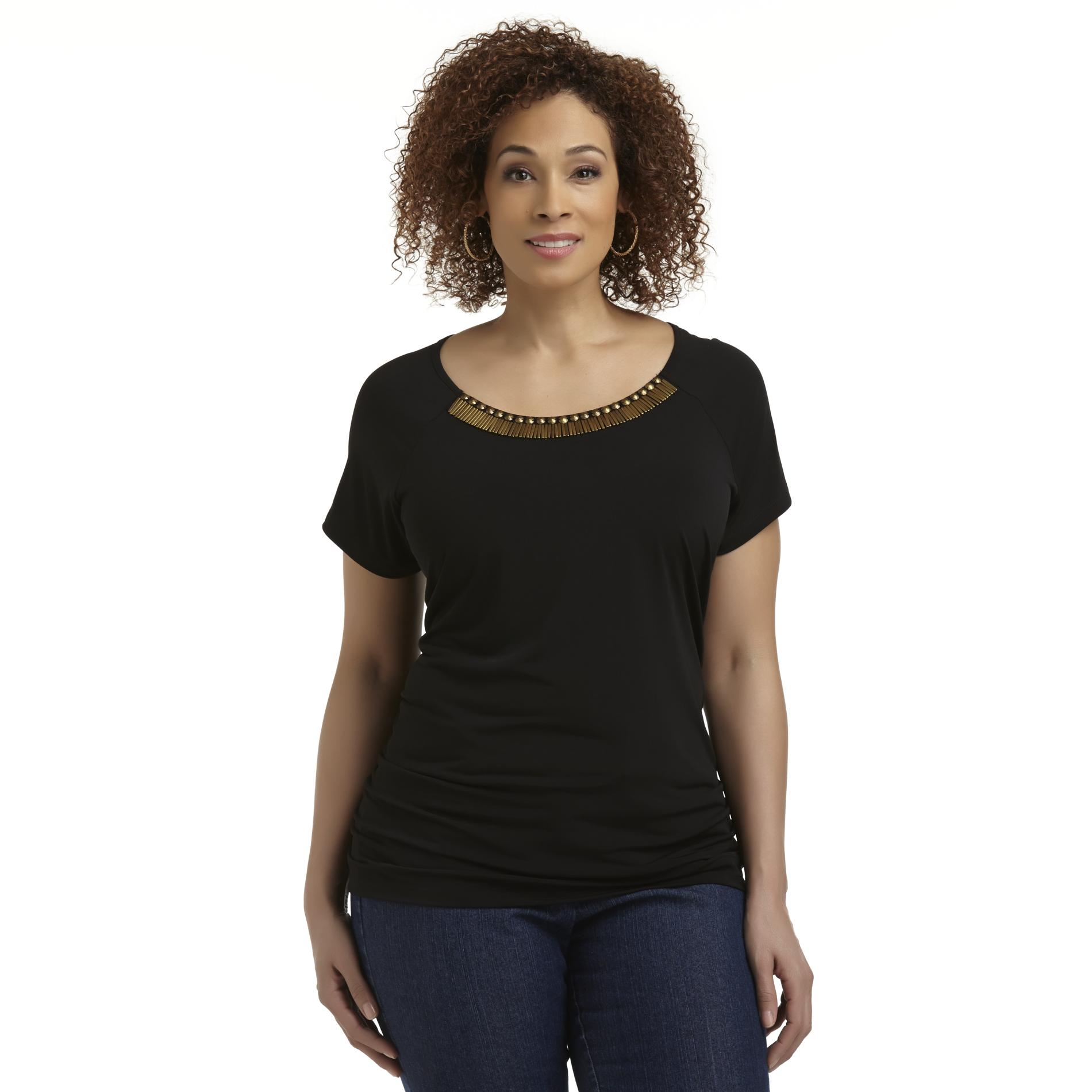 Jaclyn Smith Women's Plus Ruched Top - Beaded Neckline