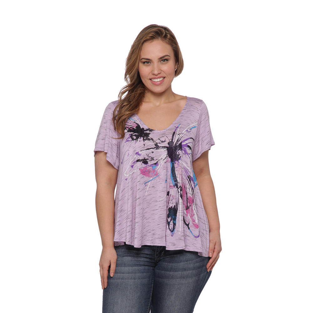 Beverly Drive Women's Plus Burnout Back Graphic Top - Dragonfly