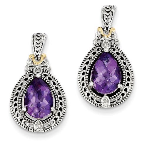 Goldia Antique Style Sterling Silver with 14k Yellow Gold Diamond & Amethyst Earrings