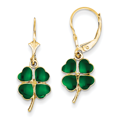 Goldia 14k Yellow Gold Enameled Clover Leverback Earrings - Religious Jewelry