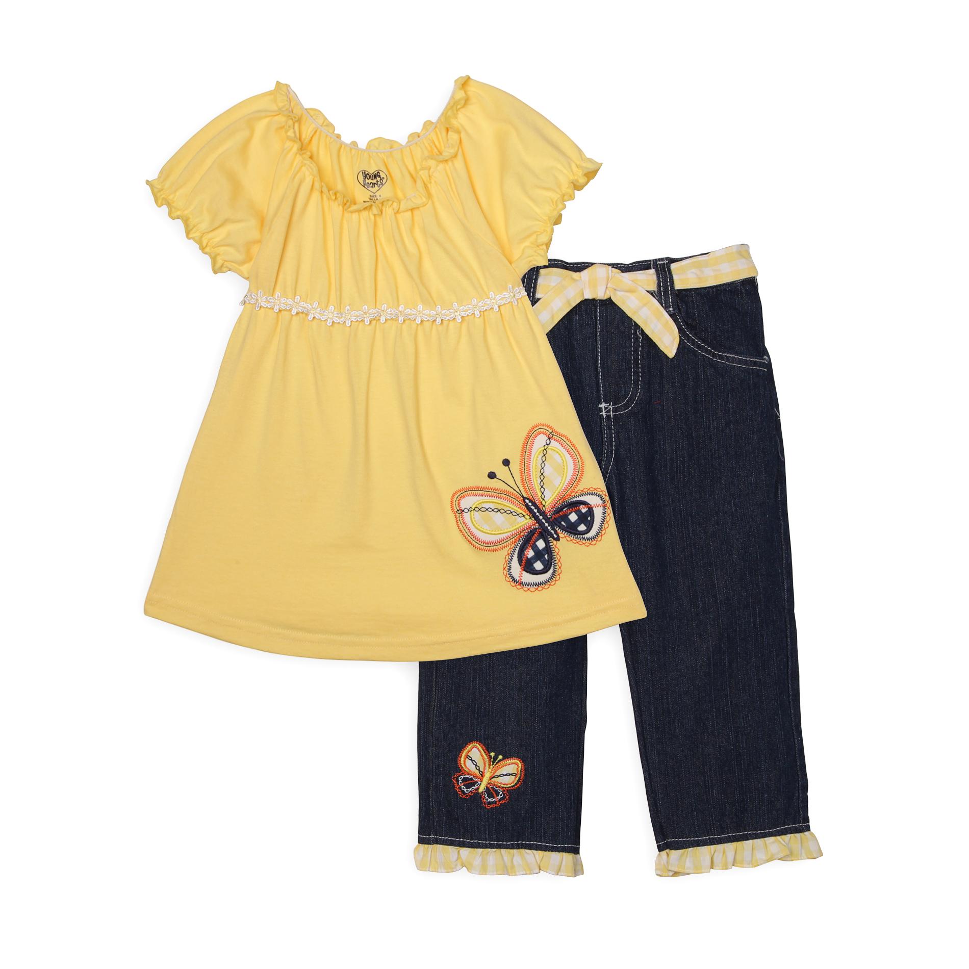 Young Hearts Girl's Top  Jeans & Belt - Butterfly