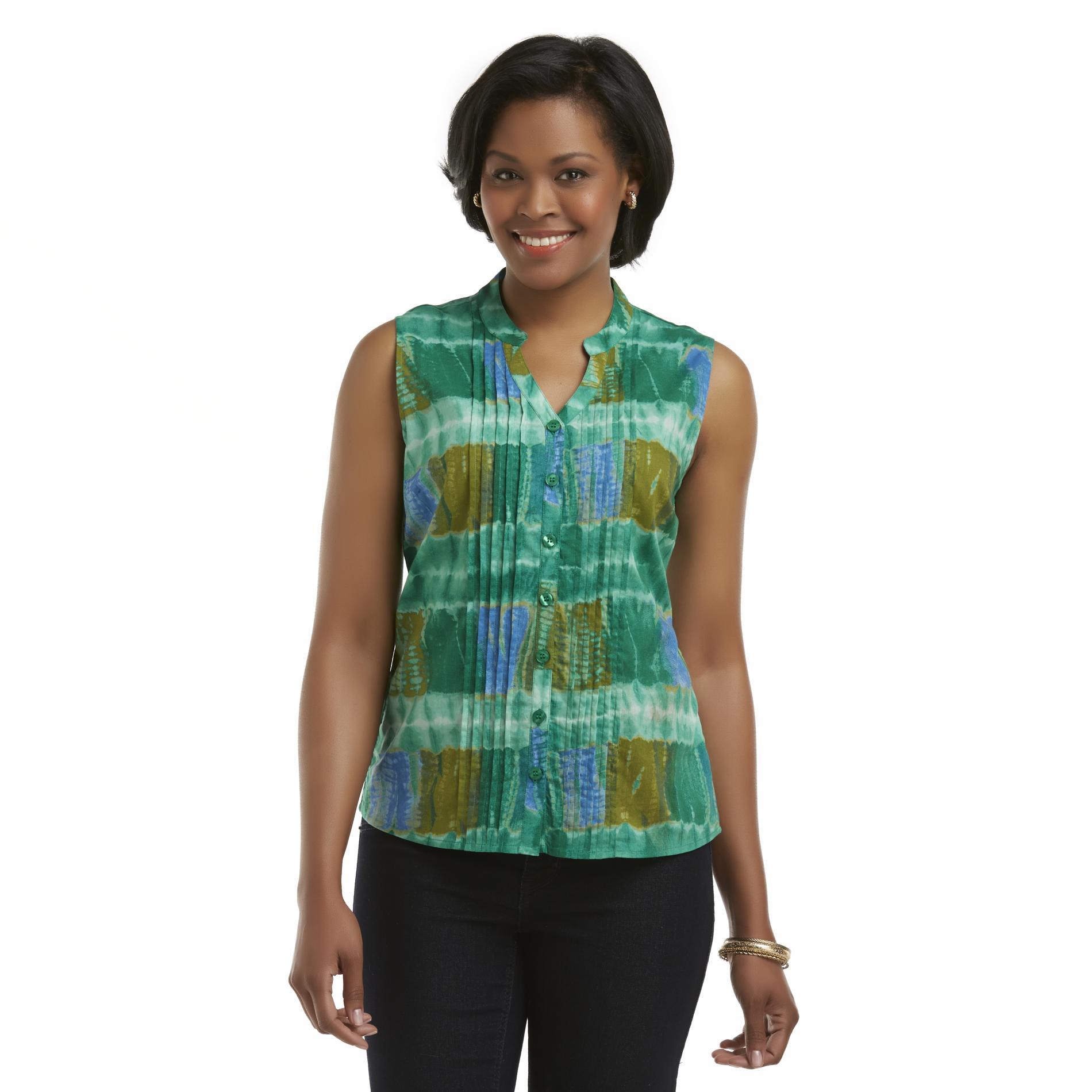 Basic Editions Women's Sleeveless Pintucked Shirt - Tie-Dye