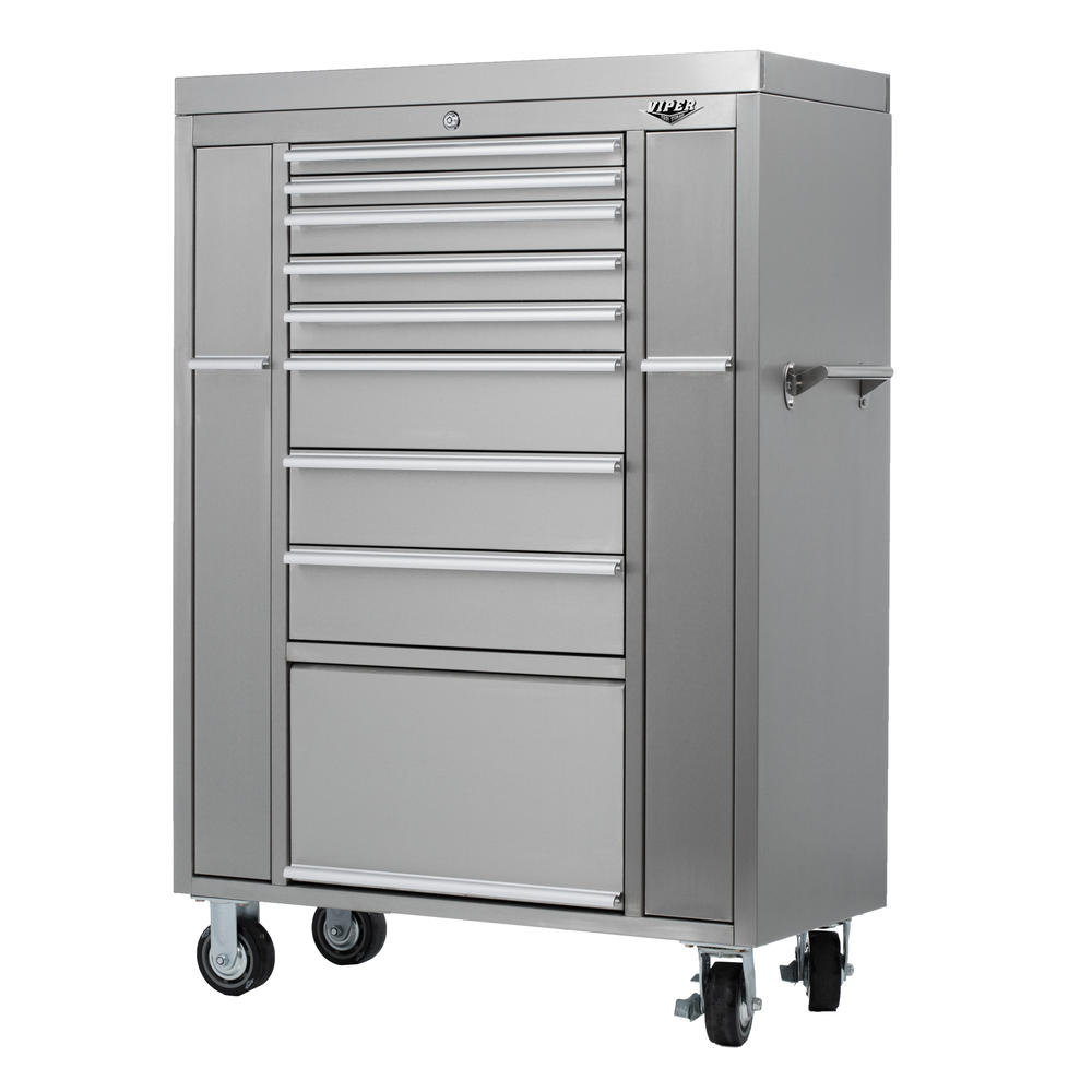 Viper Tool Storage 41-inch 10 Drawer 304 Stainless Steel "Ultimate Box" with Bottom Cabinet