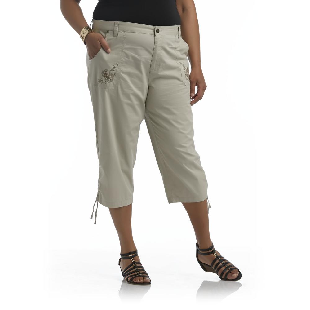 Basic Editions Women's Plus Embroidered Capri Pants - Ruched Cuffs