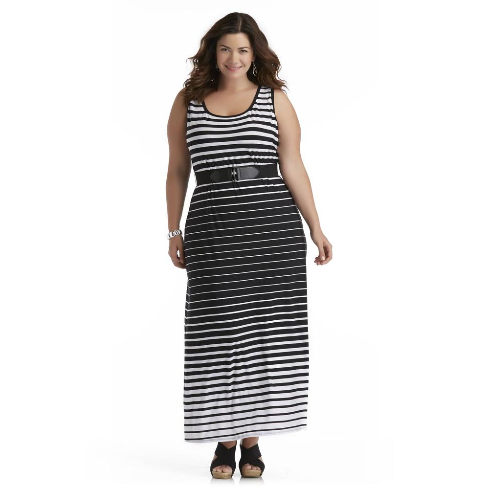 Connected Apparel Women's Plus Belted Tank Dress - Striped