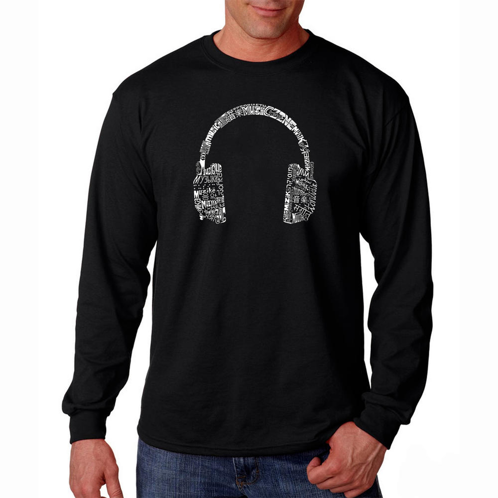 Los Angeles Pop Art Men's Word Art Long Sleeve T-Shirt - Headphones - Languages