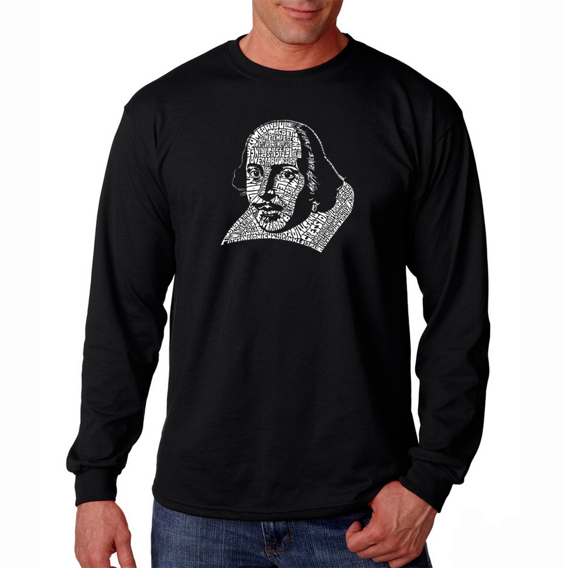 Los Angeles Pop Art Men's Big & Tall  Word Art Long Sleeve T-Shirt - The titles of all of William Shakespeare's Comedies & Tragedies
