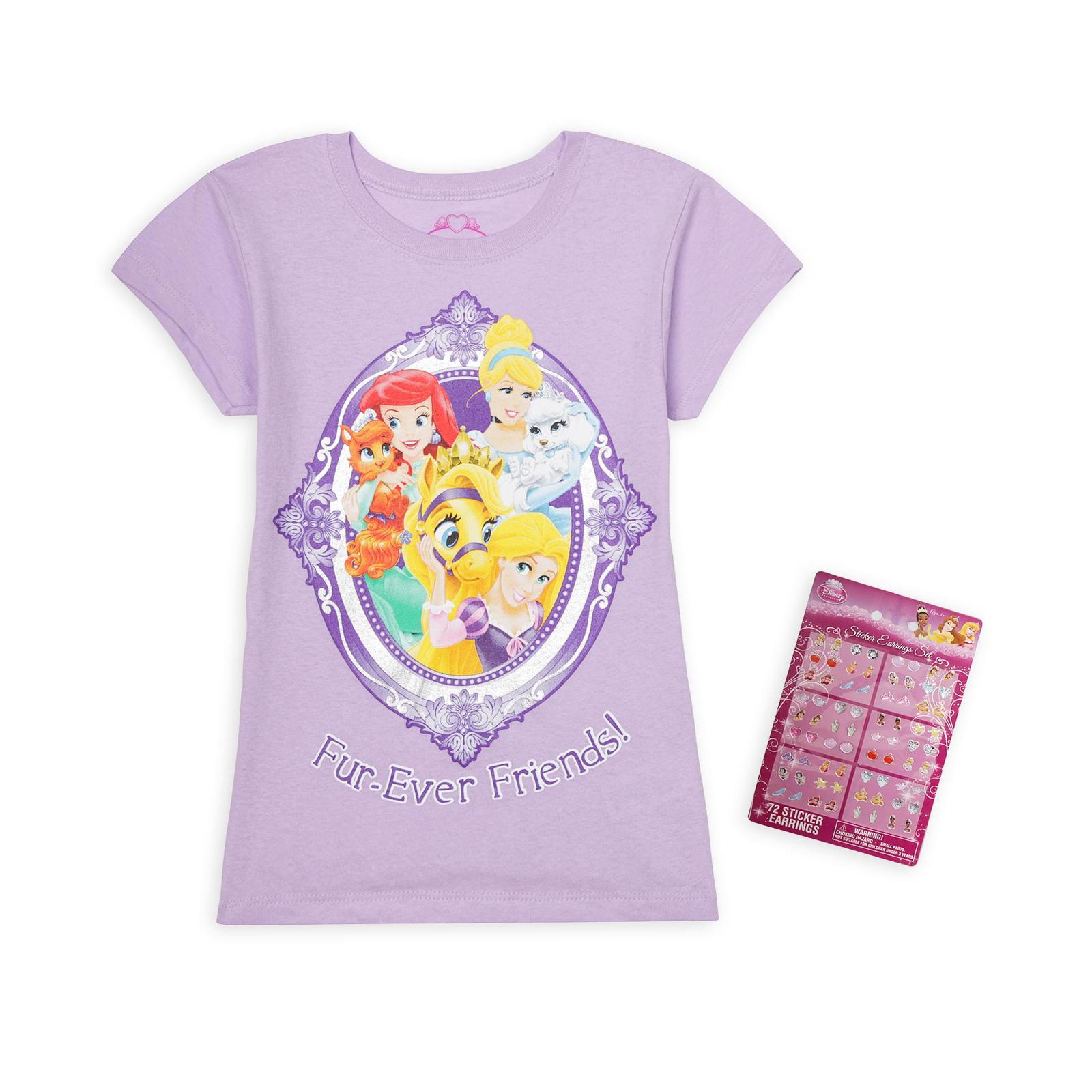 Disney Princesses Girl's Graphic T-Shirt & Sticker Earrings - Palace Pets