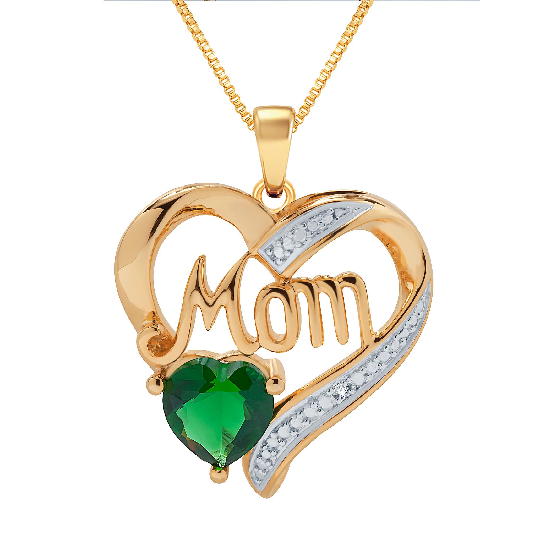 Gold Over Brass Simulated Emerald and Diamond Accent Mom Pendant