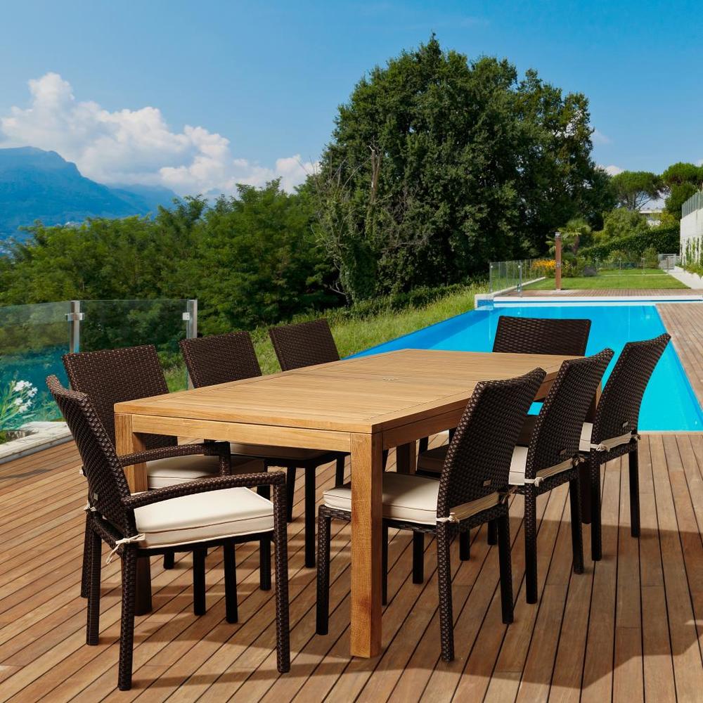 Amazonia Roy 9 Piece Rectangular Teak/Synthetic Wicker Patio Dining Set with Off-White Cushions