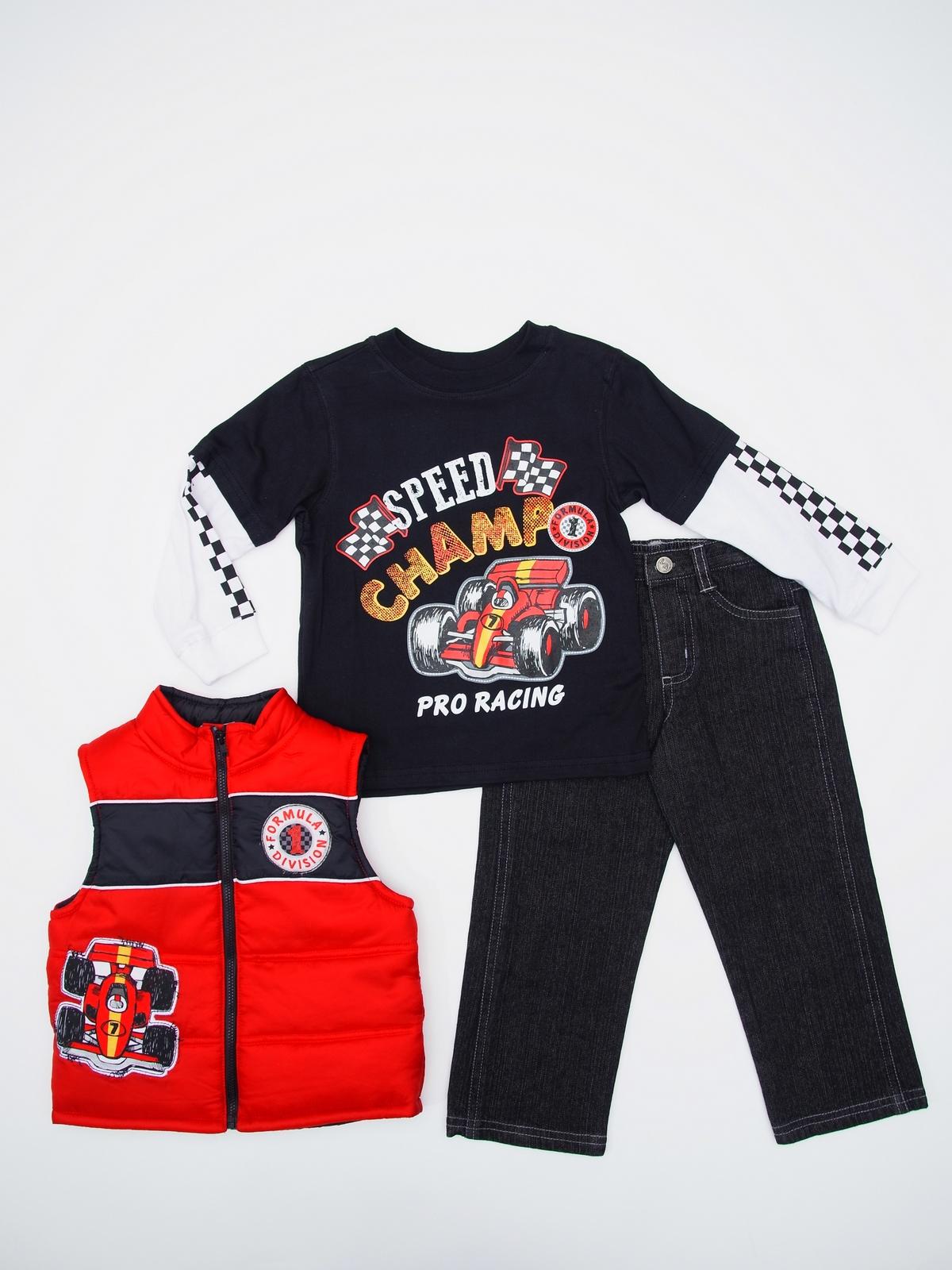 Little Rebels Infant & Toddler Boy's Puffer Vest  Graphic T-Shirt & Jeans - Speed Champ