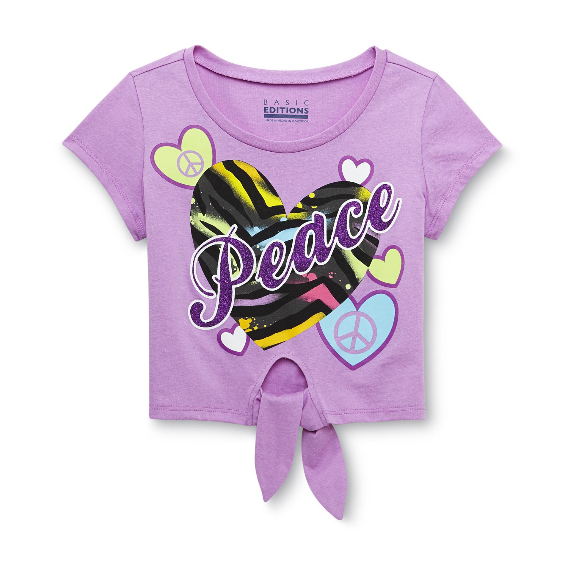 Basic Editions Girl's Front-Tie Graphic T-Shirt - Peace