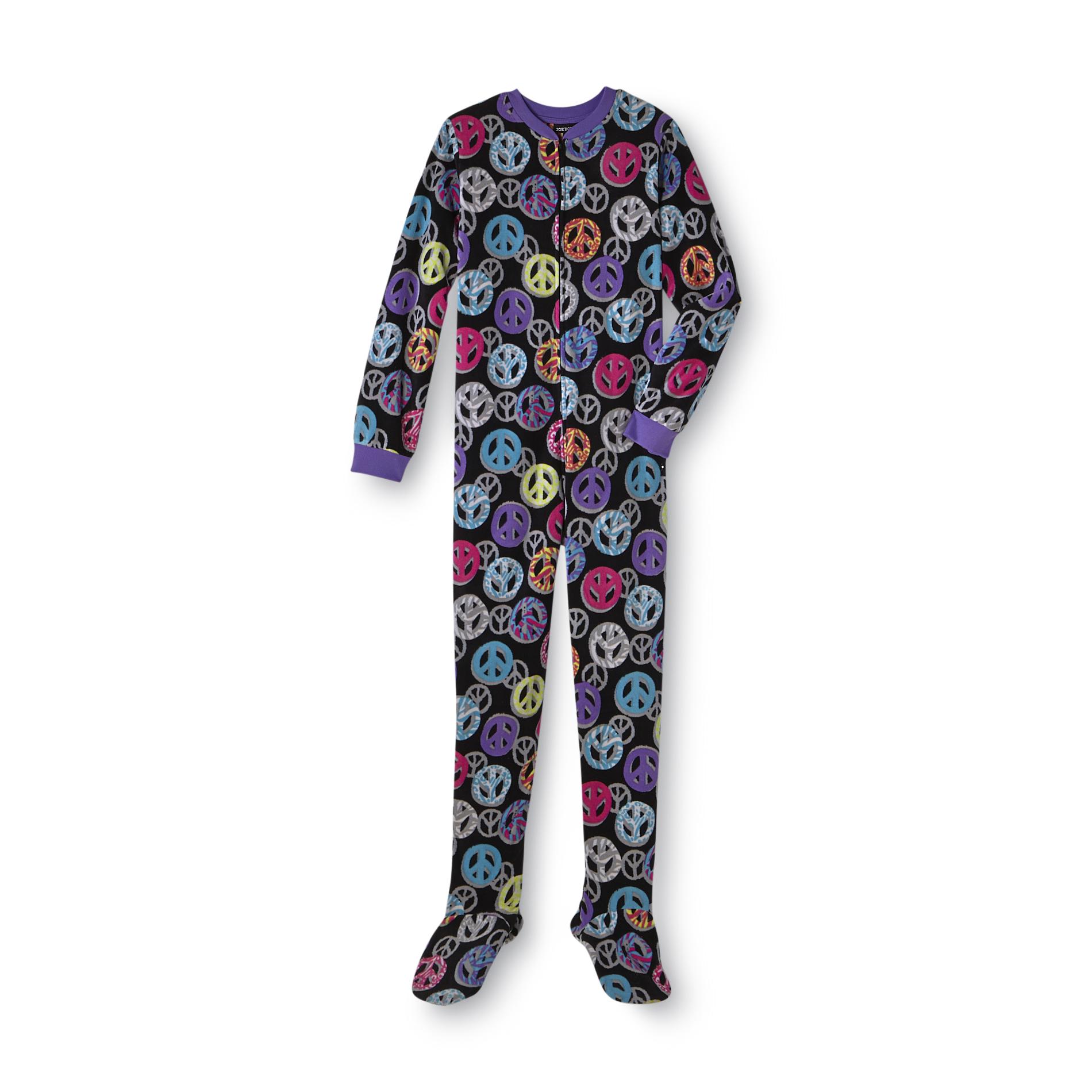 Joe Boxer Girl's Plush Footed Pajamas - Peace Signs