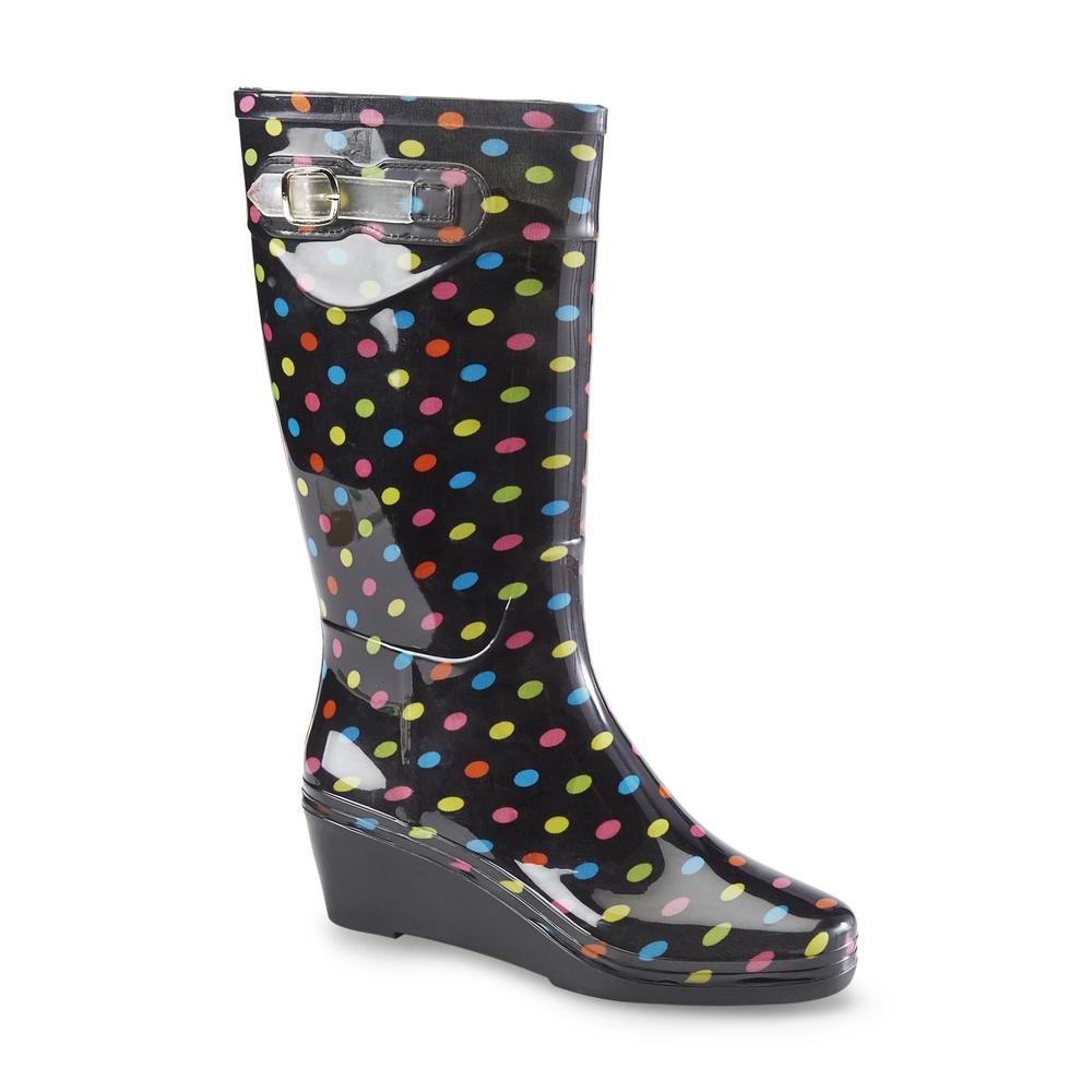 &nbsp; Women's Dottie 12" Black/Polka Dot Water-Resistant Pull-On Rain Boot