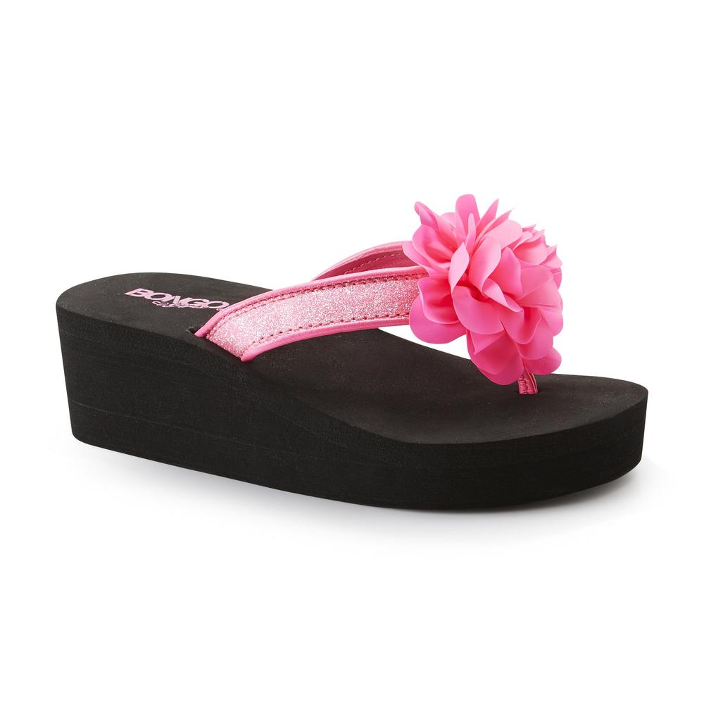 Bongo Girl's Roper Pink/Black Wedge Flip-Flop - Flower