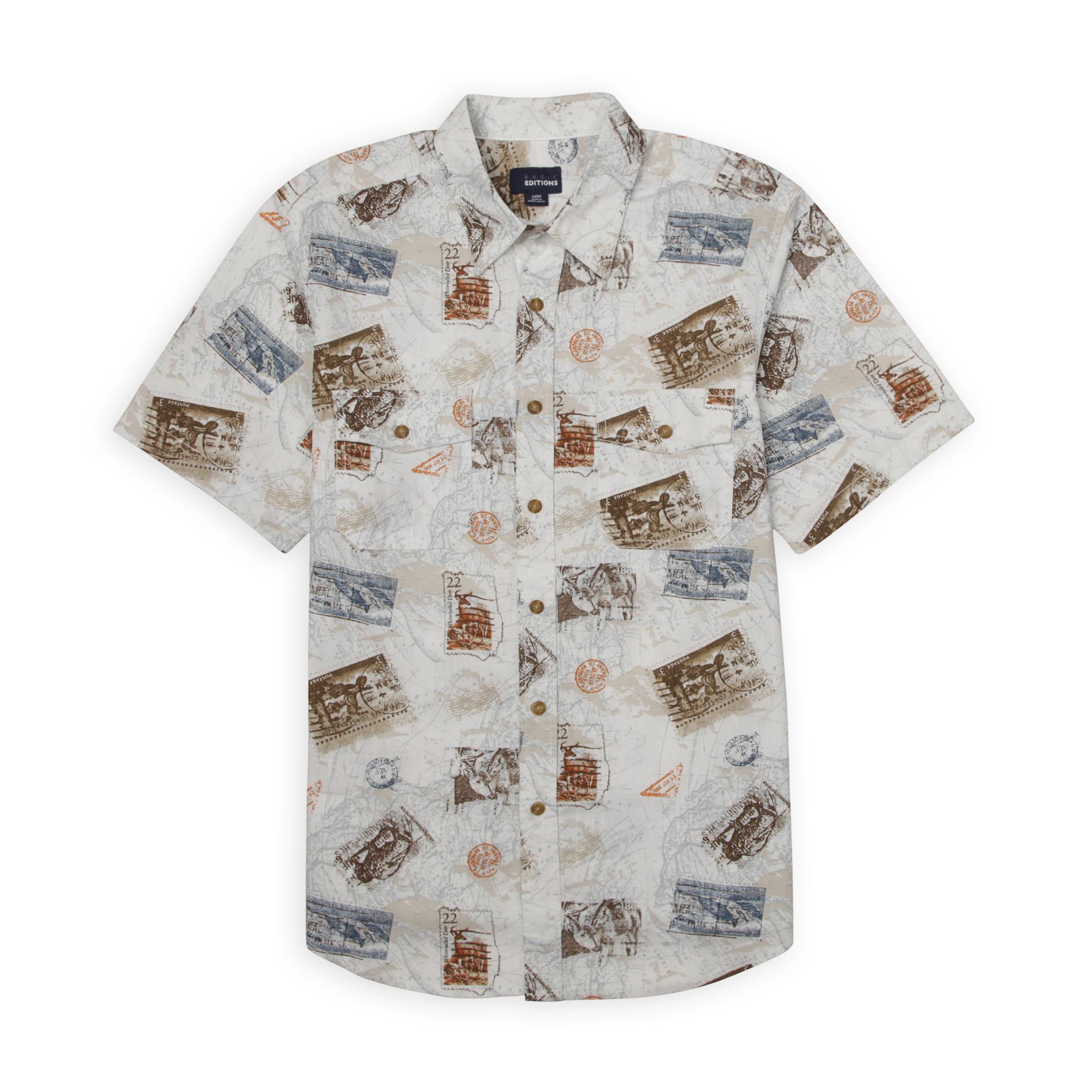 Basic Editions Men's Short-Sleeve Button-Front Shirt - Stamps
