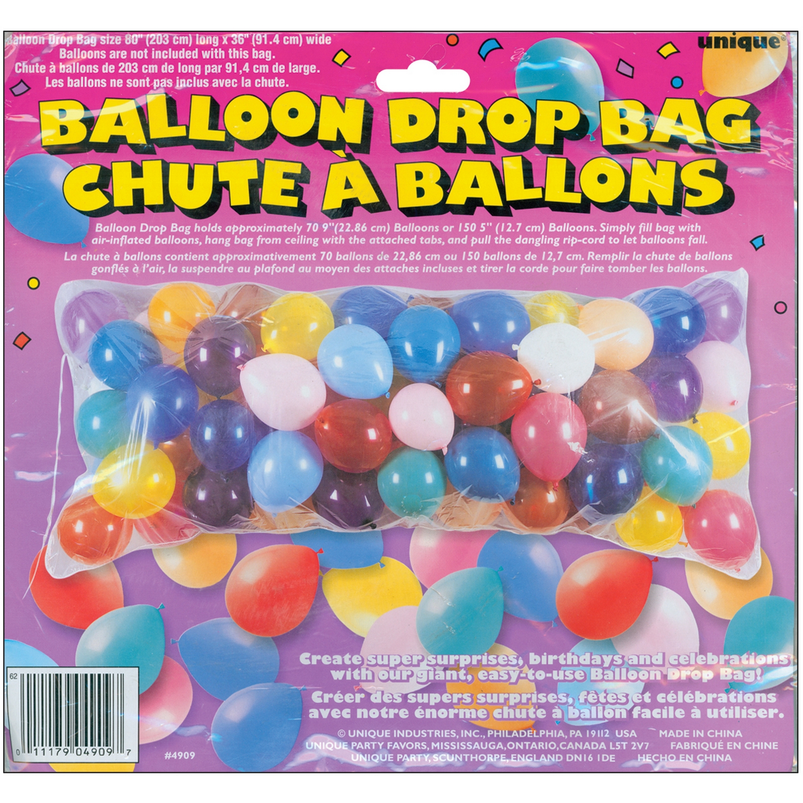 Unique Industries 402986 Balloon Drop Bag 80&#034;X36&#034;&#034; 1/Pkg-