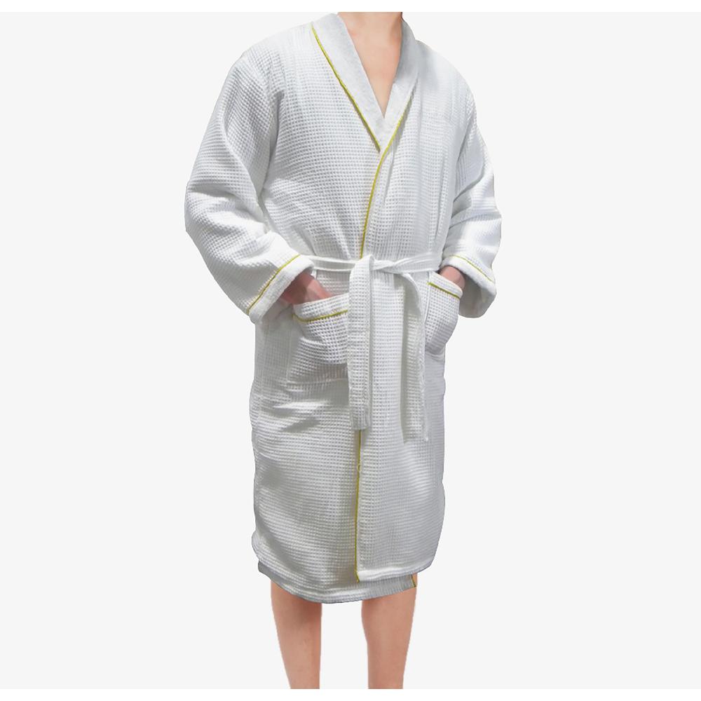 Radiant Sauna™ European Spa & Bath White Waffle Weave Terry Cloth Robe w/ Gold Embroidered Trim