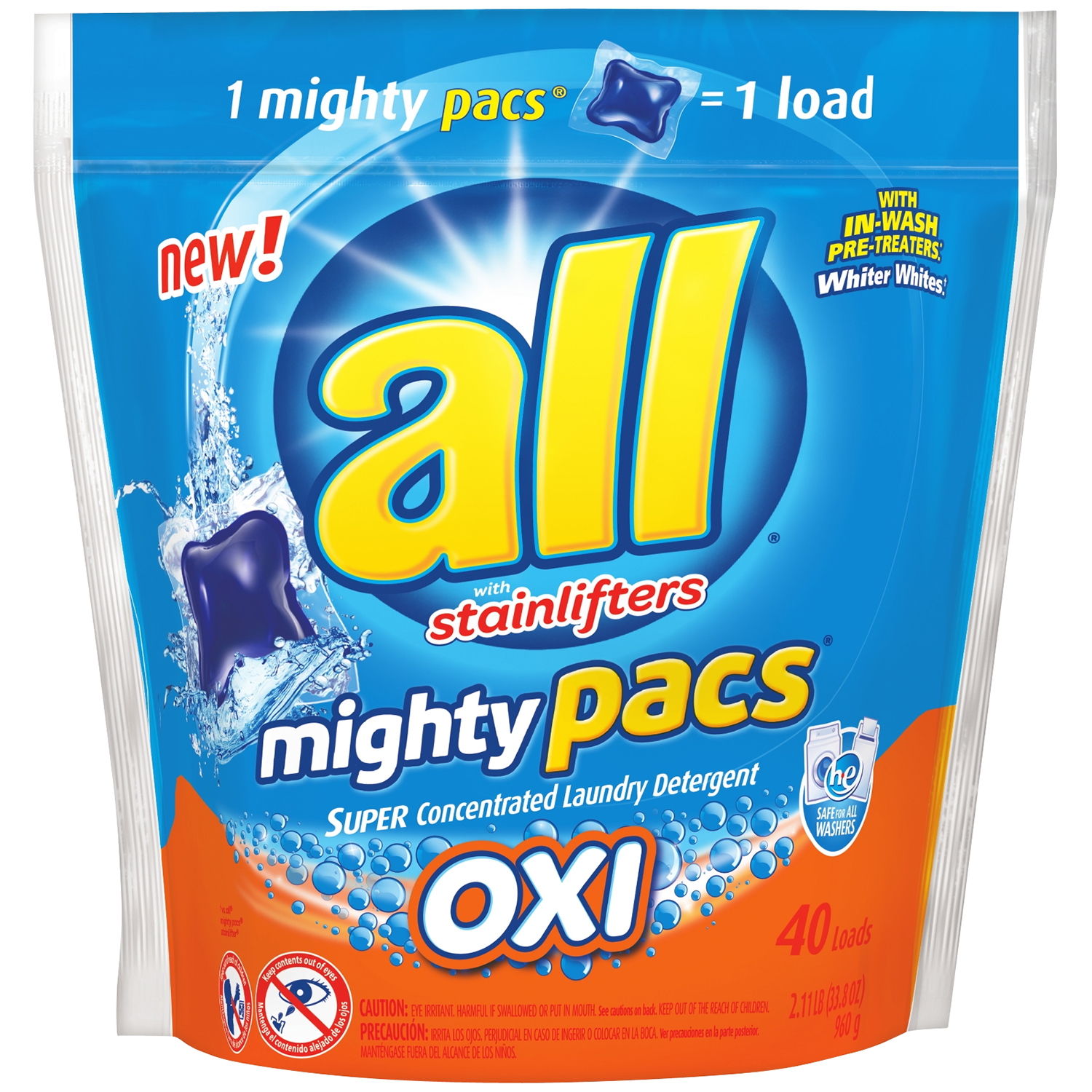 All Laundry detergent with Stainlifters Oxi Mighty Pacs Super Concentrated 40 Loads. 2.11 LB (33.08 OZ) 960g.