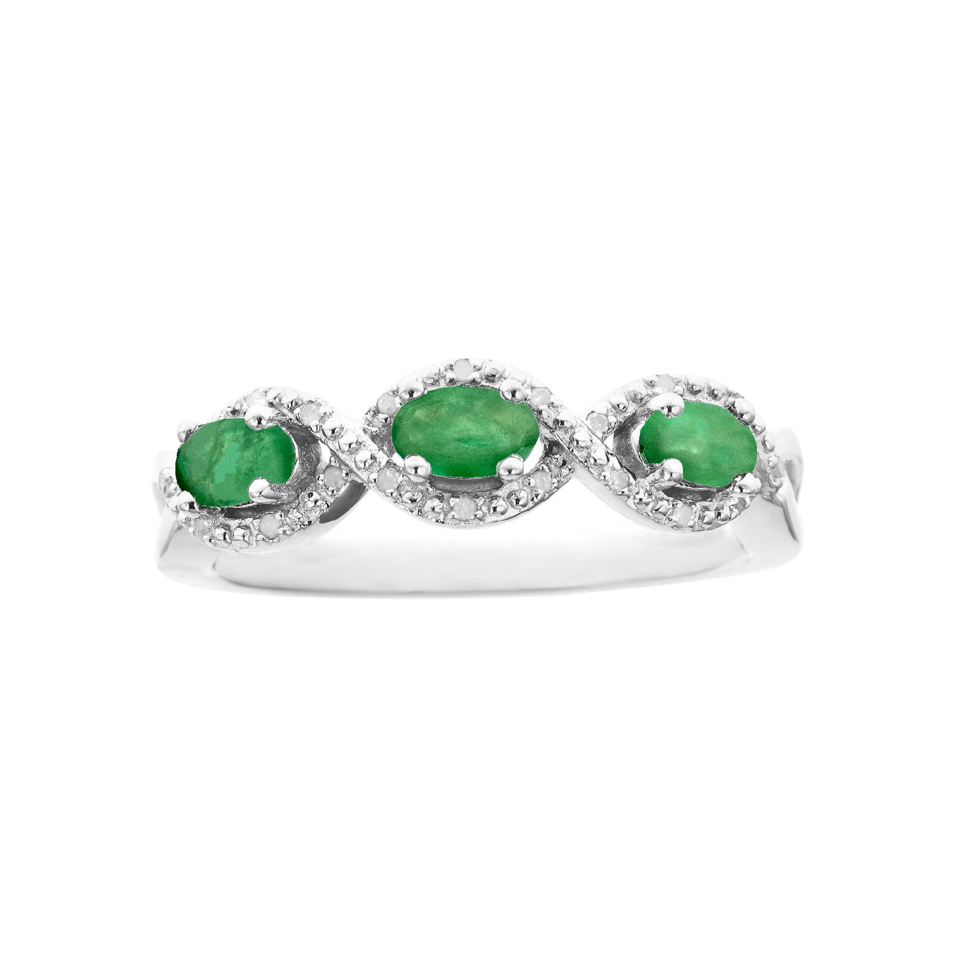 Ladies Sterling Silver 3 Stone Oval Emerald and Diamond Accent Ring