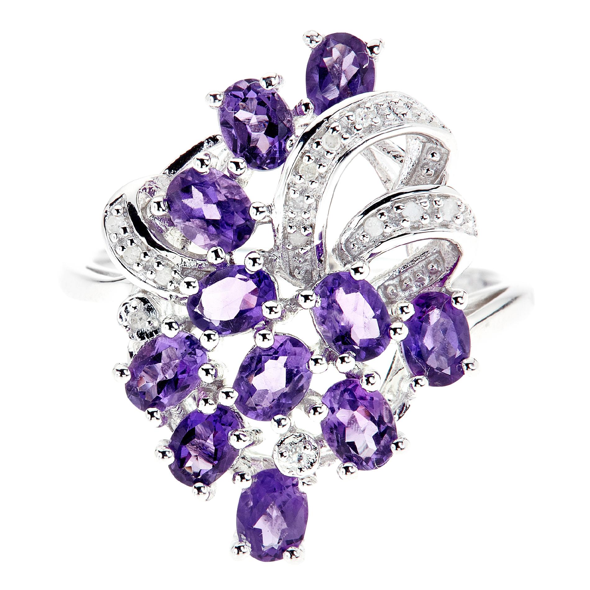 Ladies Sterling Silver Amethyst and Diamond Accent Ring