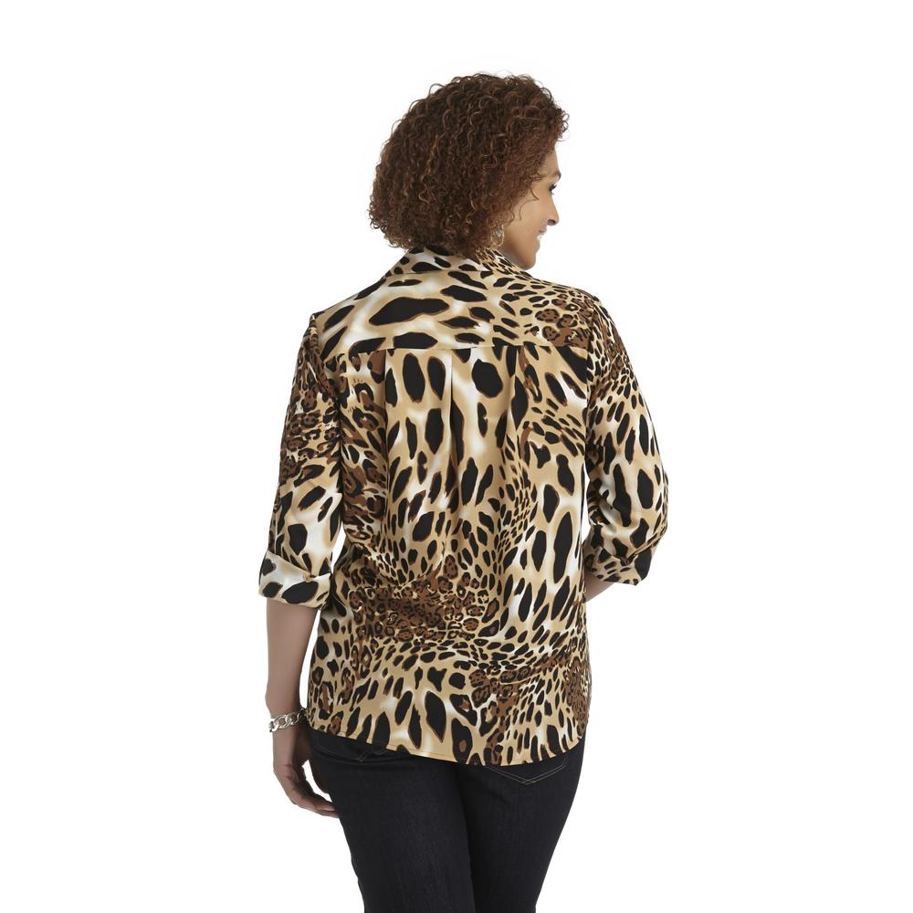 Laura Scott Women's Plus Twin Pocket Blouse - Leopard Print