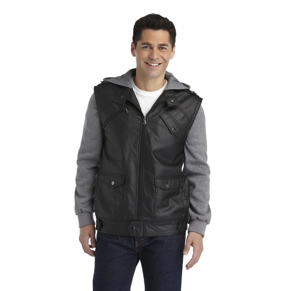 Route 66 Men's Faux Leather Hooded Jacket - Knit Sleeves