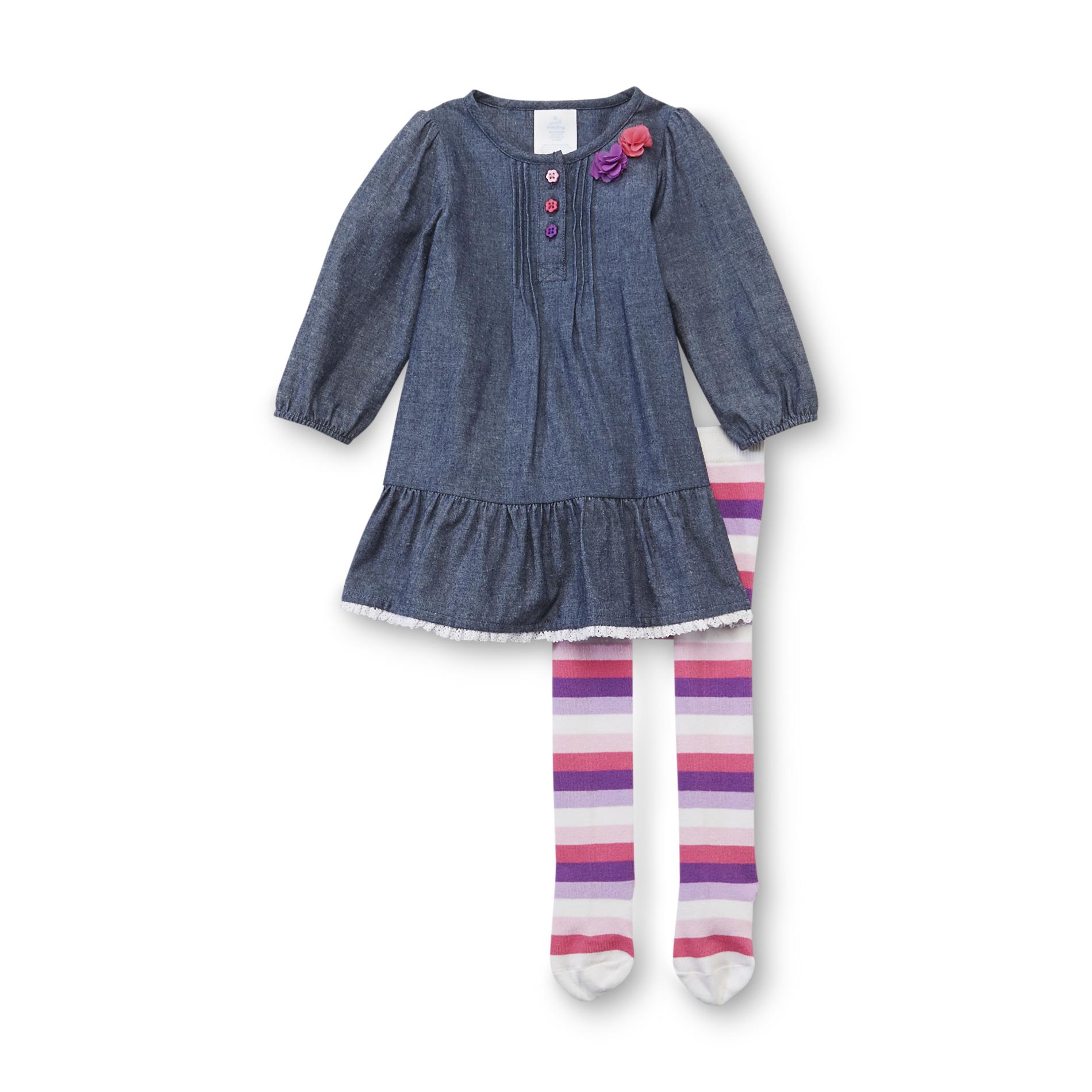 Small Wonders Newborn Girl's Chambray Dress & Tights - Striped
