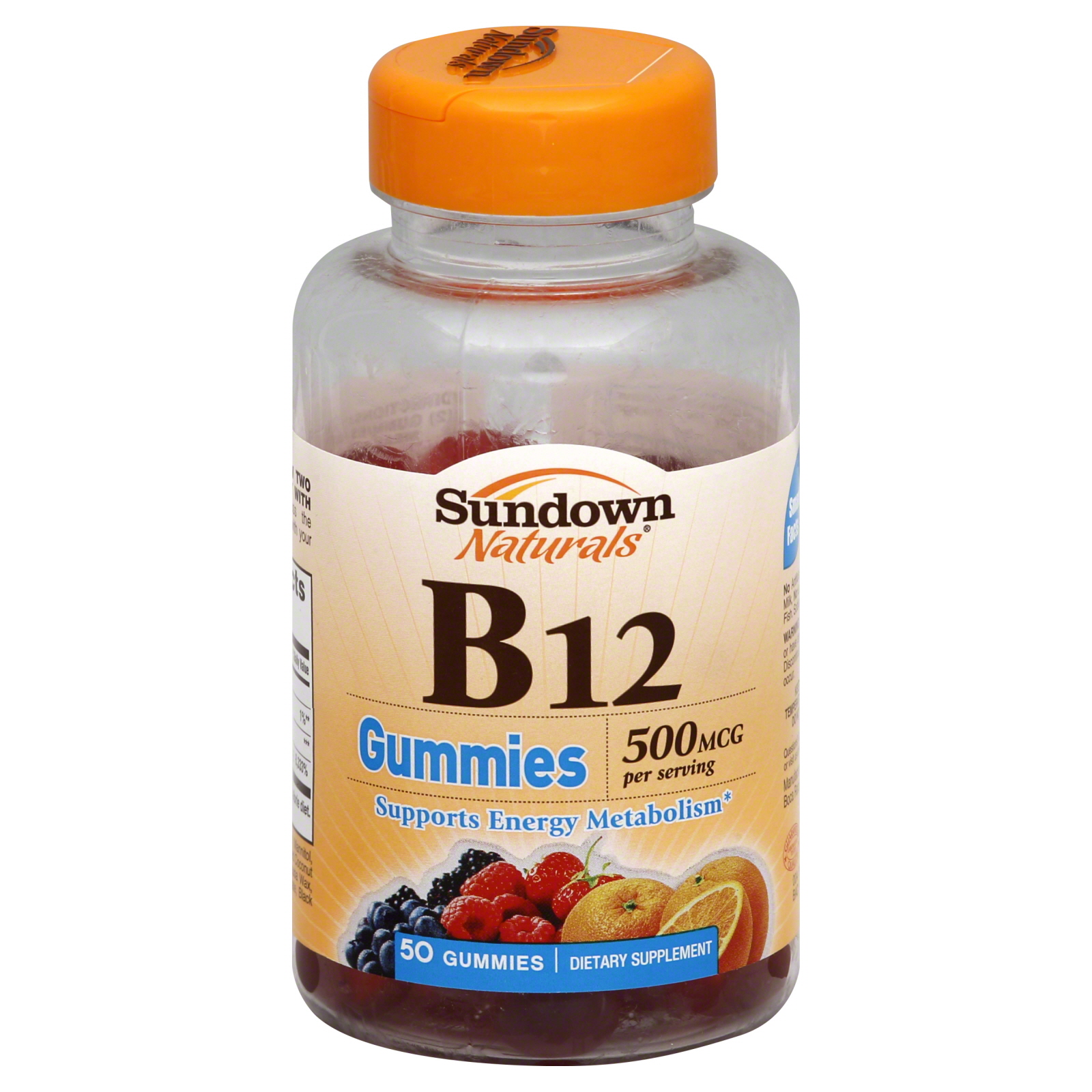 Sundown Vitamin B12, 500 mcg, Gummies, Raspberry, Mixed Berry and Orange Flavored, 50 ct