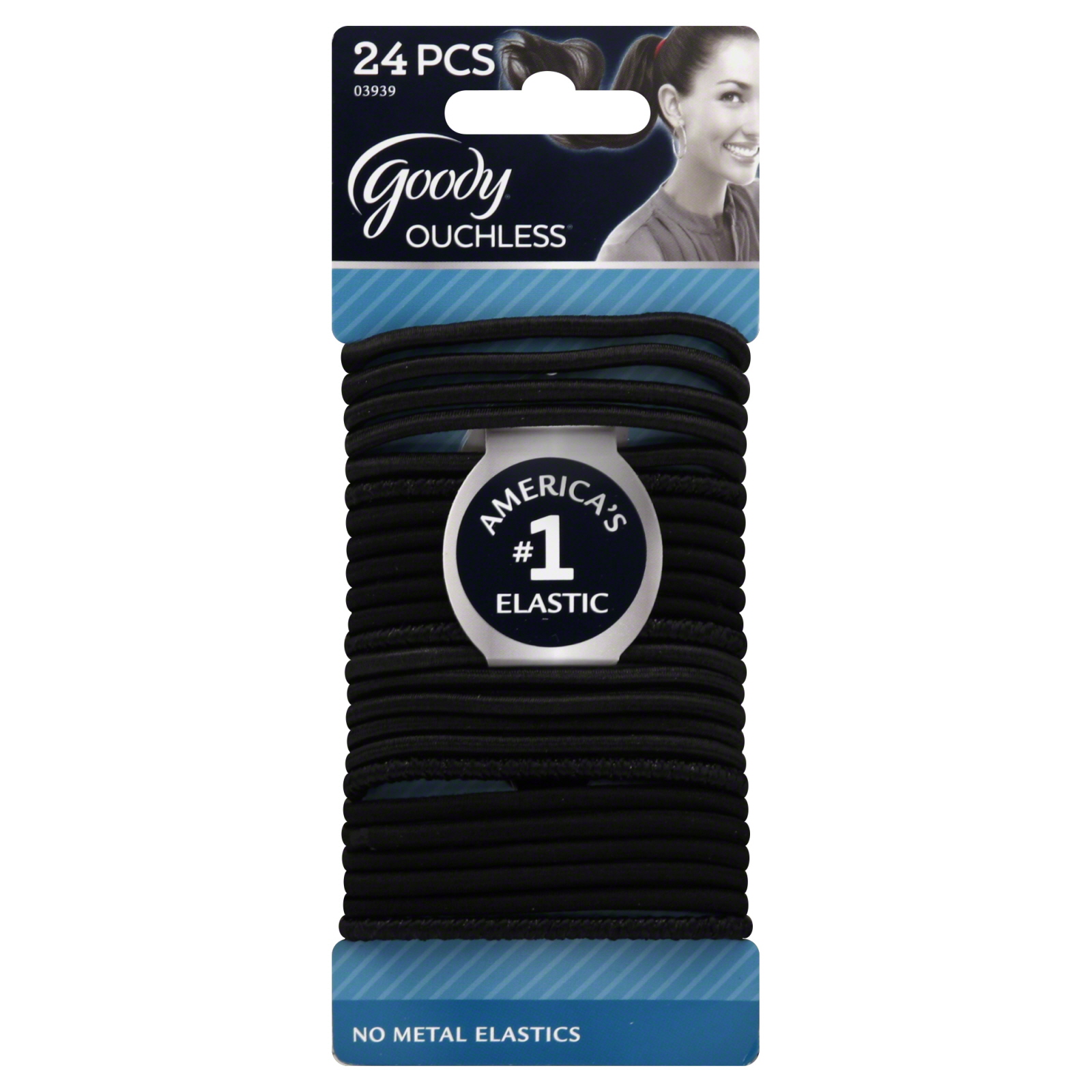Goody Ouchless 4MM Elastics, Black on Black, 24 CT
