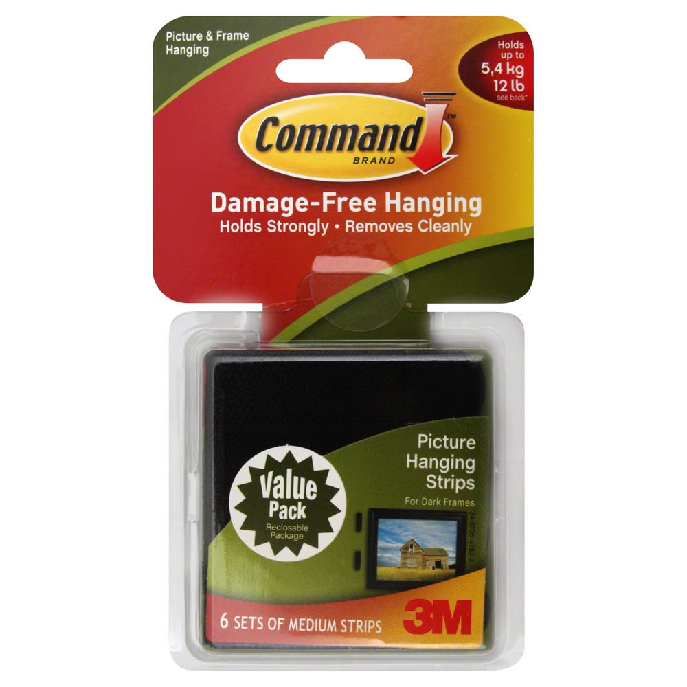 CommandTM Command™ Medium Picture Hanging Strips, Black, 6 Sets of Strips/Pack
