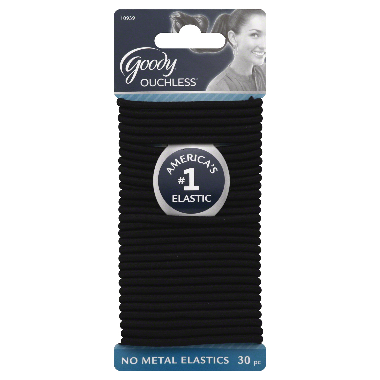 Goody Ouchless 4 MM Elastics, No Metal, Black, 30 Ct