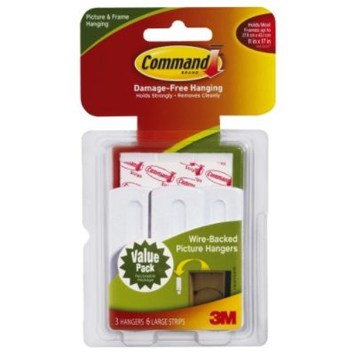 Command Wire-Backed Picture Hanging Hooks  Large 3 hooks, 6 strips