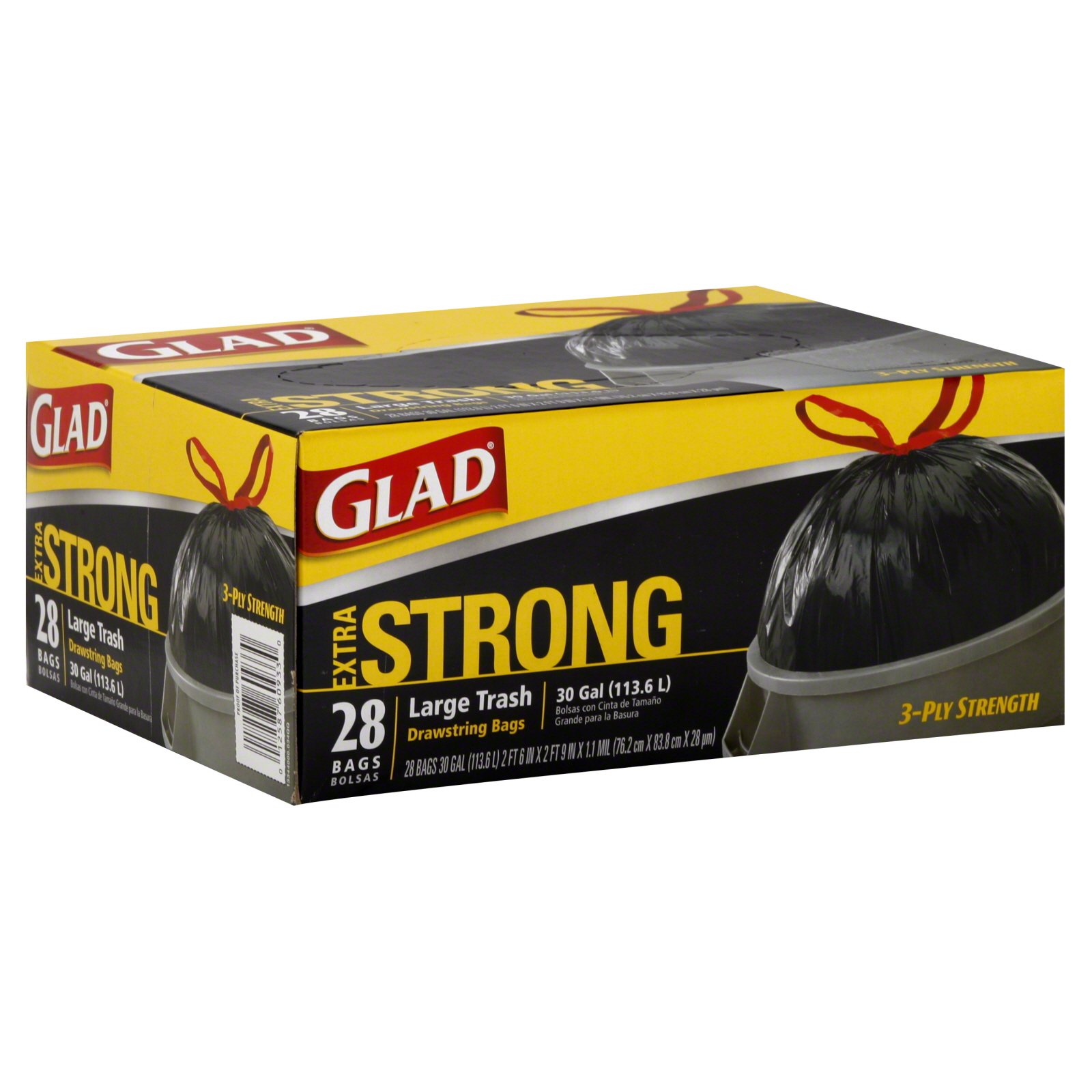 Glad Trash Bags, Large, Drawstring, Extra Strong, 30 Gallon, 28 bags