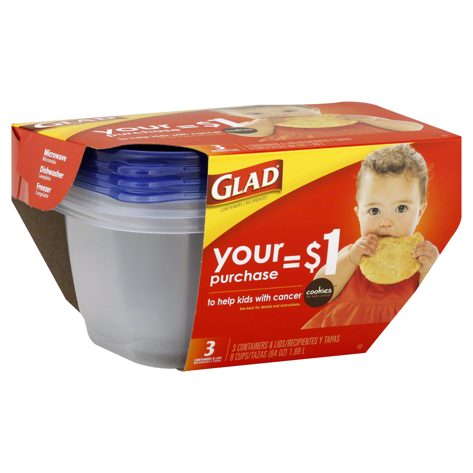 Glad Containers & Lids, 8 Cups, 3 containers