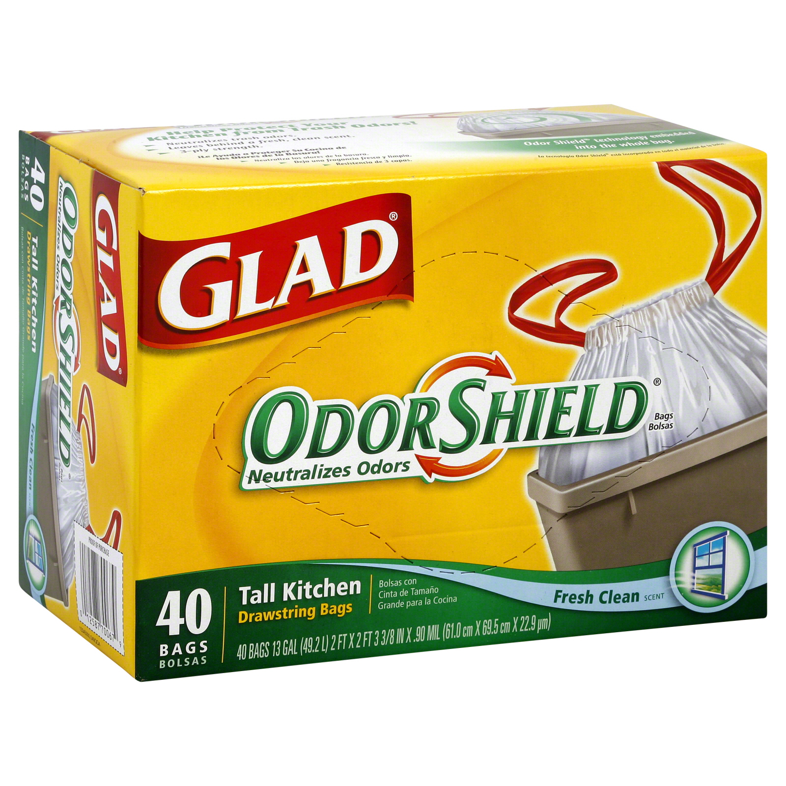 Glad Odor Shield Tall Kitchen Bags, Drawstring, Fresh Clean Scent, 13 Gallon, 40 bags