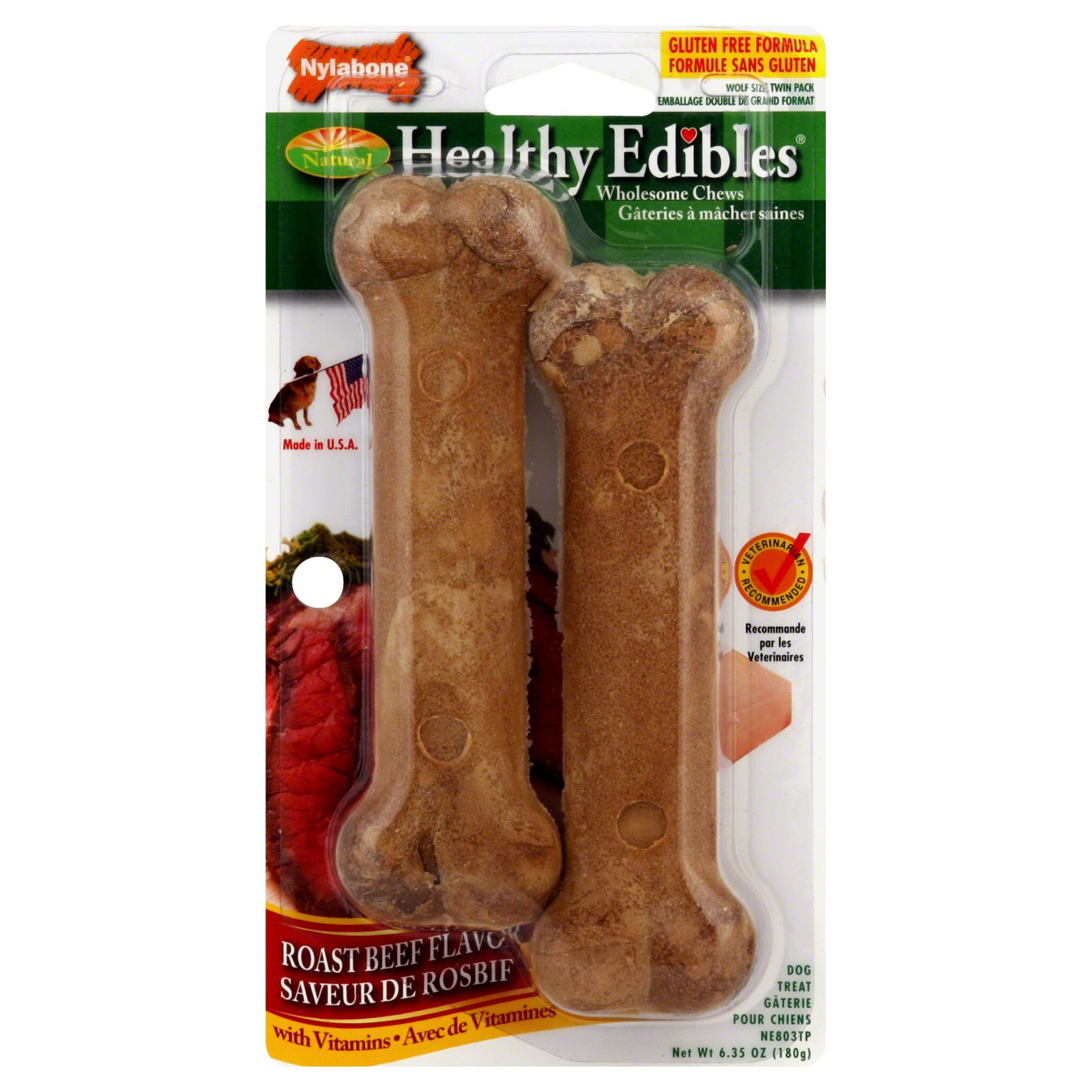 Nylabone Natural Healthy Edibles Wholesome Chews, Roast Beef Flavor, Wolf Size, Twin Pack, 2 treats [6.35 oz (180 g)