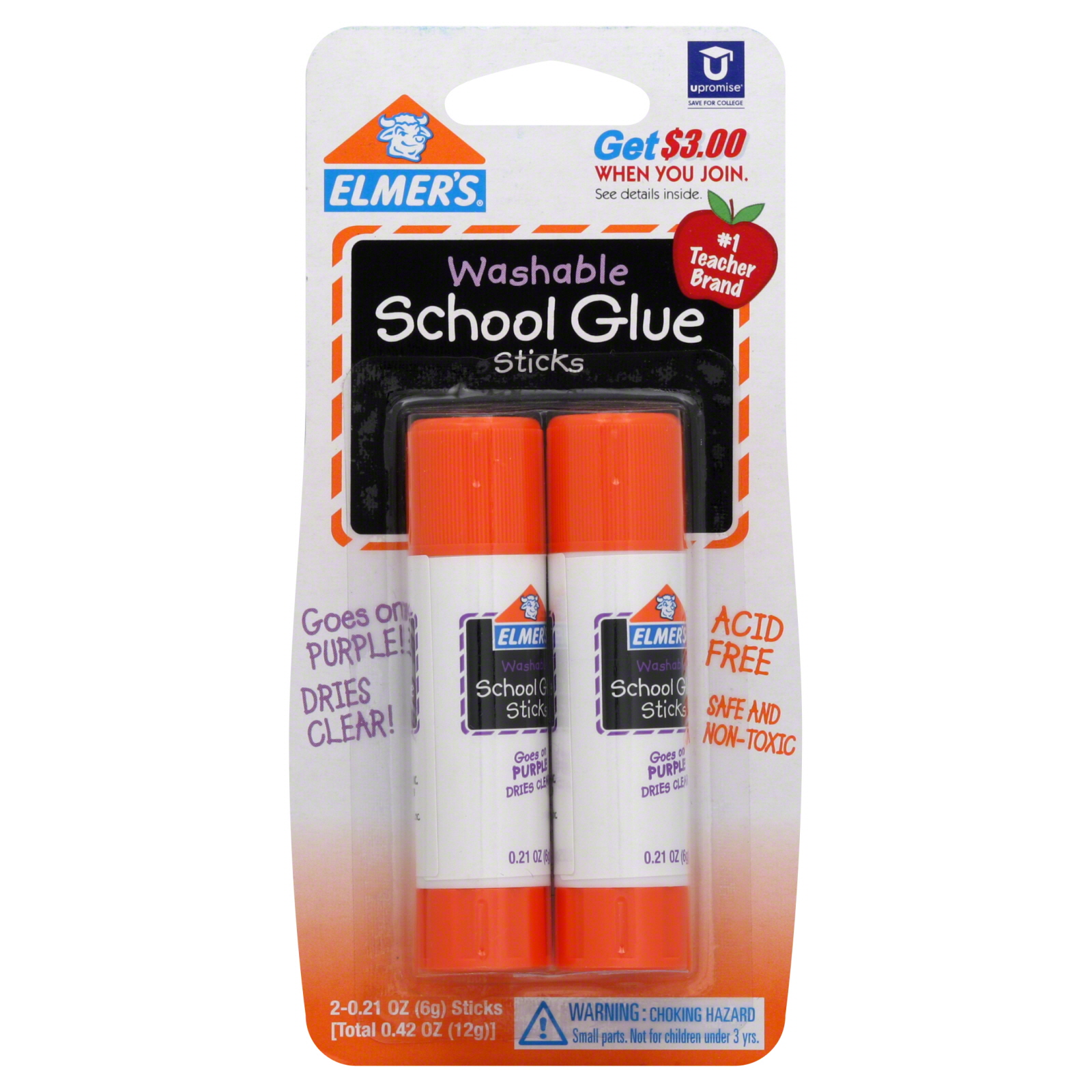 Elmer's School Glue Stick, 0.77 oz, Applies Purple, Dries Clear, 6