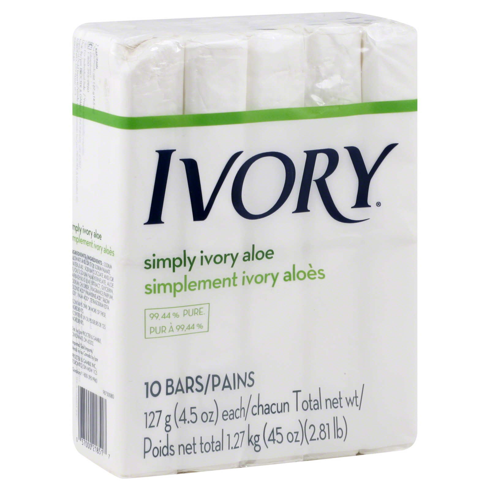Ivory Soap, Simply Aloe, 10 - 4.5 oz (127 g) bars [45 oz ...