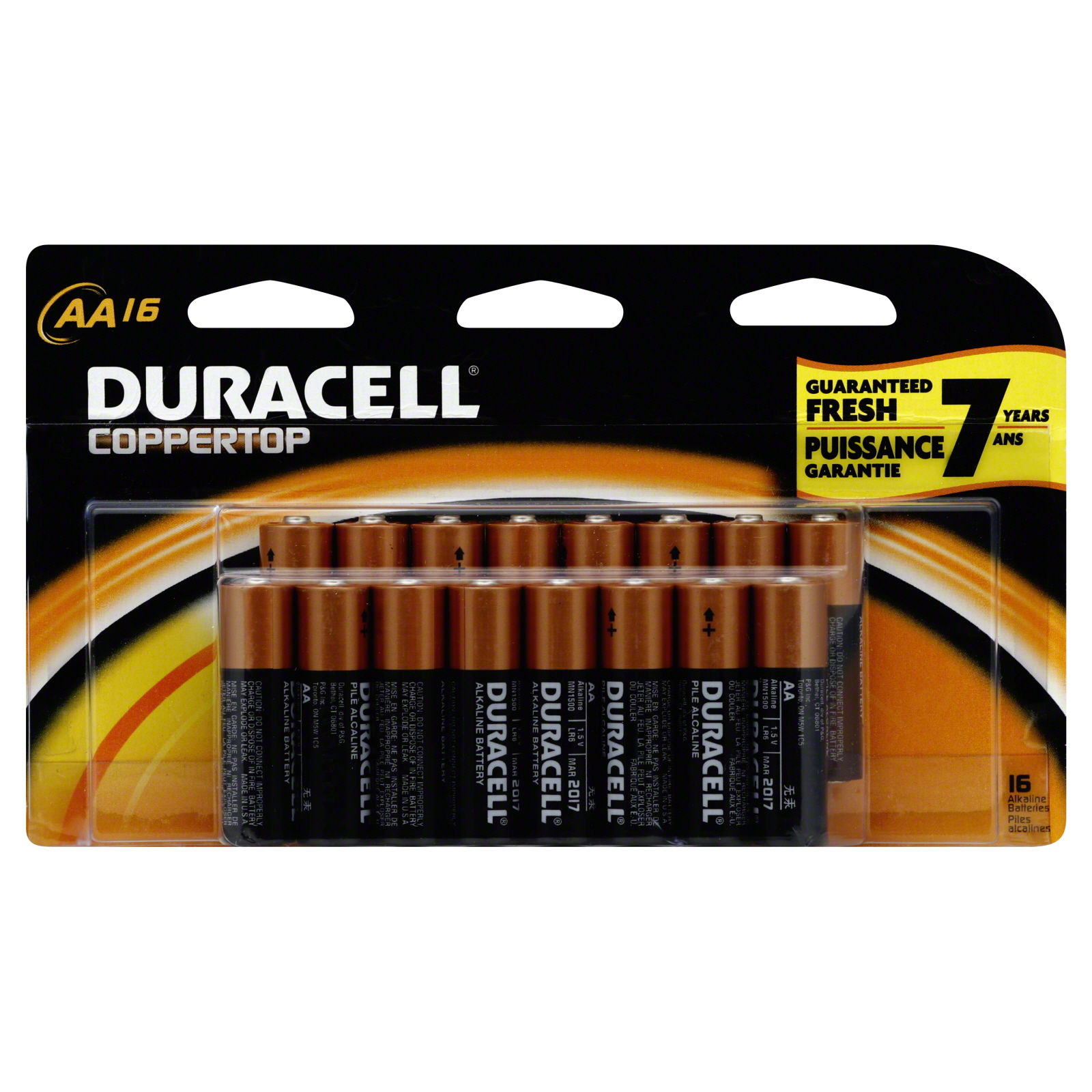 Duracell MN1500B16 Coppertop Batteries, Alkaline, AA, 1.5 V, 16 batteries