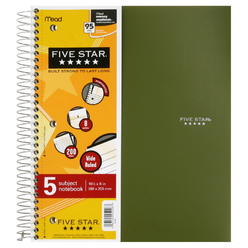 Mead five star spiral notebook, 5 subject, college ruled, 200 sheets, 11 x 8.5 inch, 1 notebook, assorted colors - color may vary 