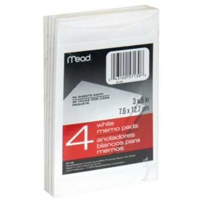 Mead 25272111 Memo Pads, White, 4 memo pads