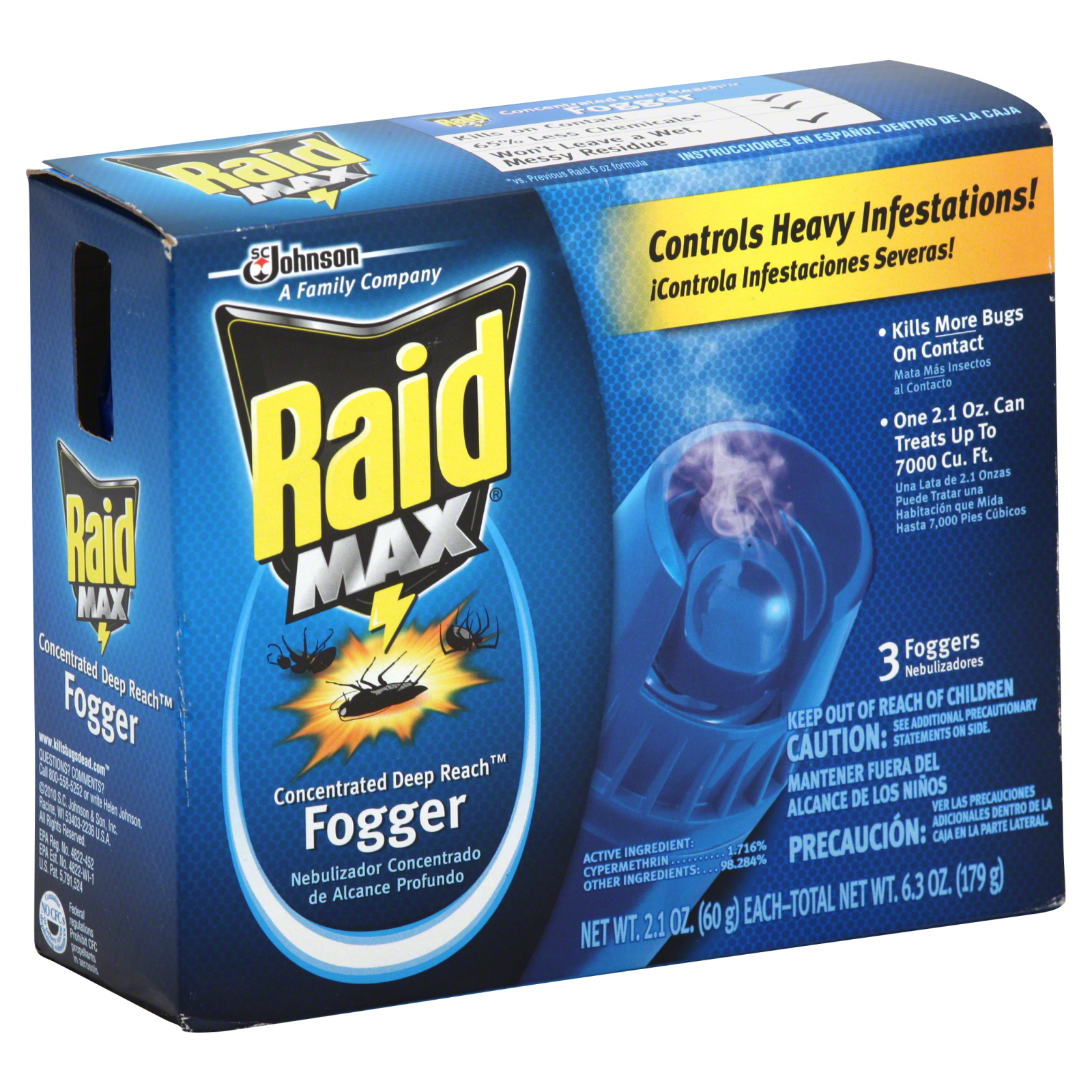 Raid Max Deep Reach Fogger, Concentrated, 3 - 2.1 oz (60 g) foggers [6.3 oz (179 g)]