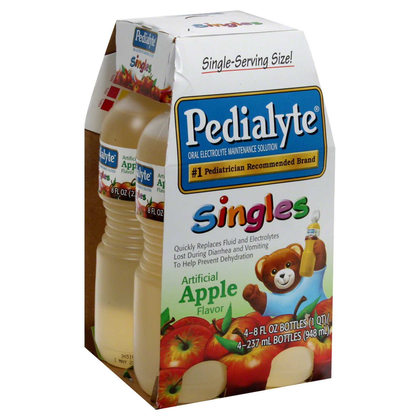 Pedialyte Singles Oral Electrolyte Maintenance Solution, Single-Serving Size, Apple, 4 - 8 fl oz (237 ml) bottles [1 qt (948 ml)]