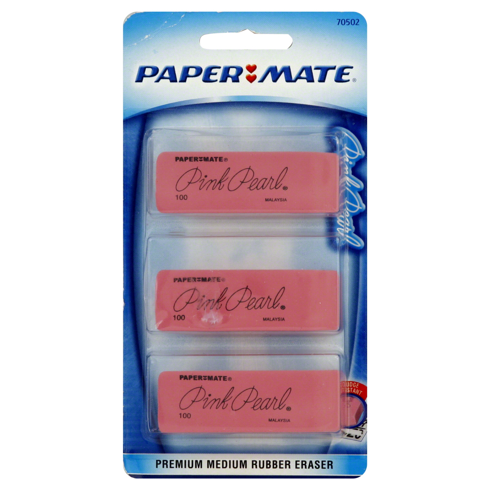 Paper-Mate Pink Pearl Eraser, Medium, 3/Pack