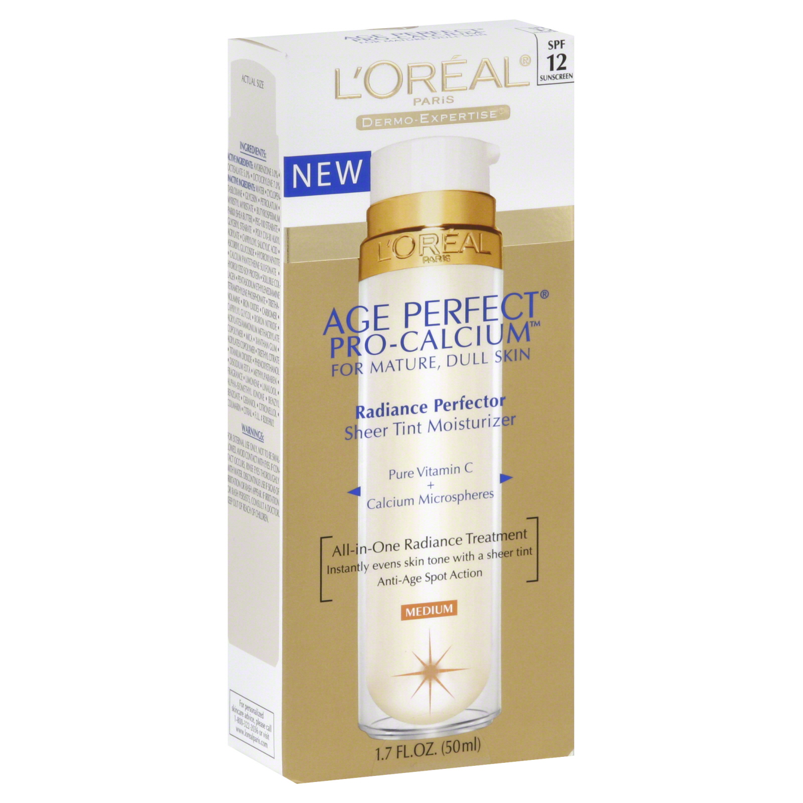 L'Oreal Age Perfect Pro-Calcium Radiance Perfector Sheer Tint Moisturizer for Mature, Dull Skin, Medium, 1.7 fl oz (50 ml)