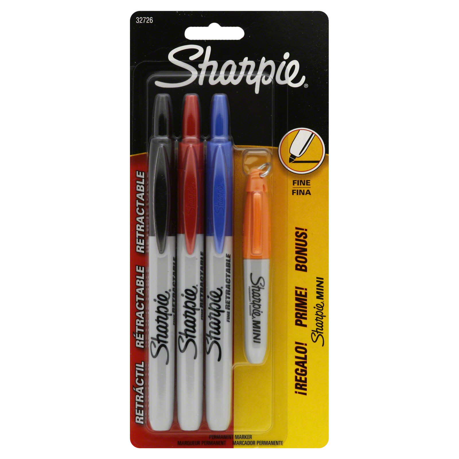 Sharpie 32726 Permanent Marker, Retractable, Fine Point, Assorted, 3 markers